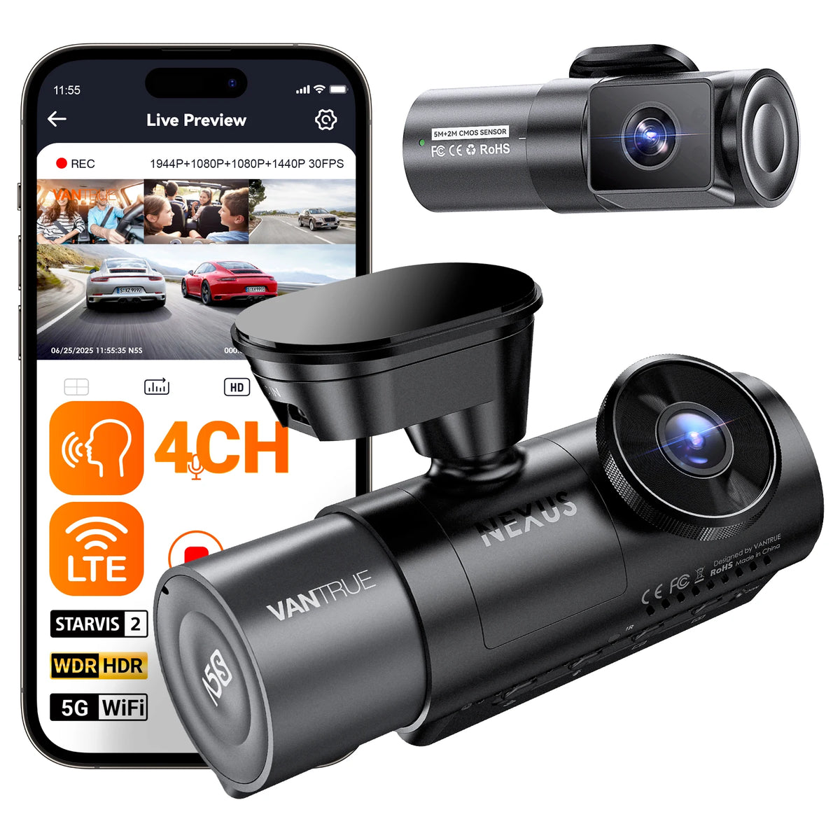 Vantrue N5S DashCam 4 Channel WiFi 360 Degree STARVIS 2 IR Night Vision LTE Support Voice Control 24 Hours Parking Mode