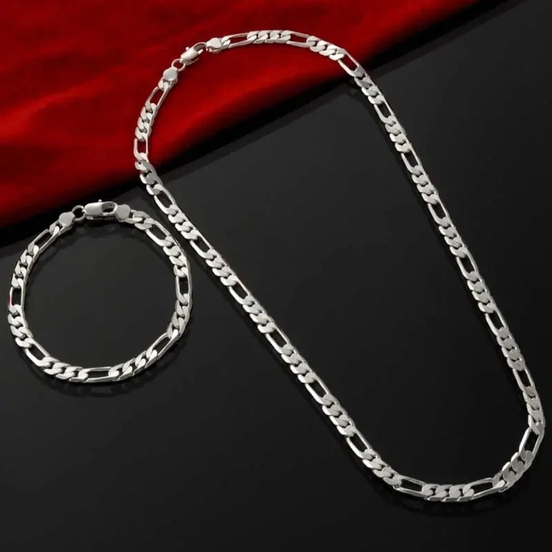 925 Sterling Silver 4MM 16-30 Inches Man Figaro Chain Bracelet Necklace For Woman Fashion Couple Christmas Gift Jewelry Set 2pcs