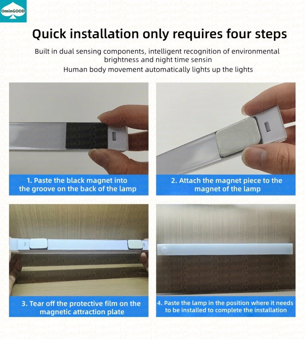 Rechargeable LED light, wireless motion sensing light, lighting strip under indoor cabinet, corridor sensing light