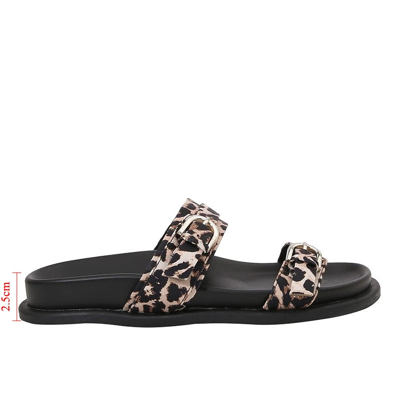 Women's Leopard Print Platform Sandals 2026 Summer Chunky Double Buckle Design Casual Beach Shoes Open Toe Flat Footwear