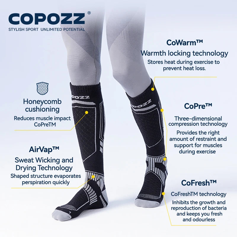 COPOZZ Merino Wool Winter Ski Socks Men Women Thermal Knee-high Ski Socks Warm Thickened Snowboard Soccer Socks Adult Female