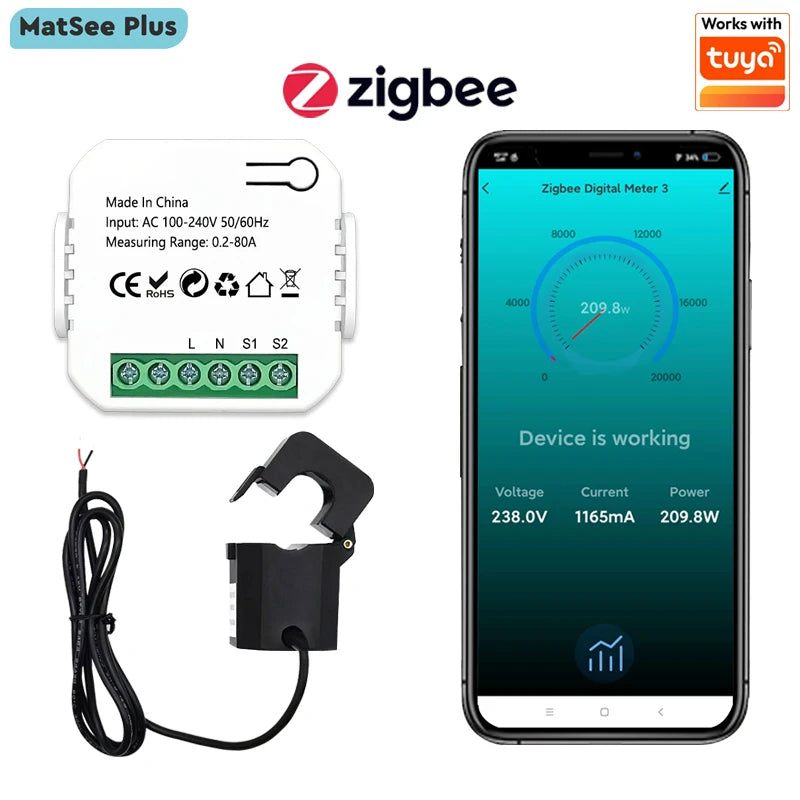 Smart ZigBee Energy Meter 80A with Current Sensor Clamp KWh Power Monitor Electricity Statistics110V 240V 50/60Hz Work with Tuya
