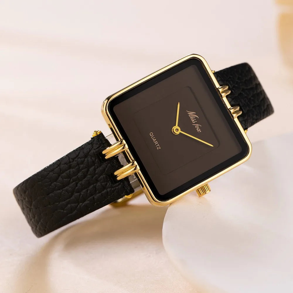 Square Quartz Watch with Leather Strap – Three Colors
