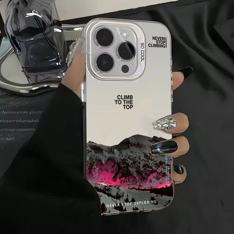 Snow Mountain Landscape Sunset Electroplate Silver Phone Case For iPhone 16 Pro 17 18 Pro 11 12 13 14 15 Pro Max Air 16E Cover