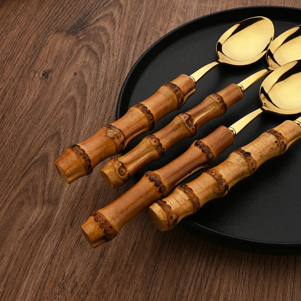 24Pcs Tableware Sets Stainless Steel Bamboo Cutlery SetPurely Natural Bamboo Handle Flatware Set Dinnerware Steak Knife Cutlery