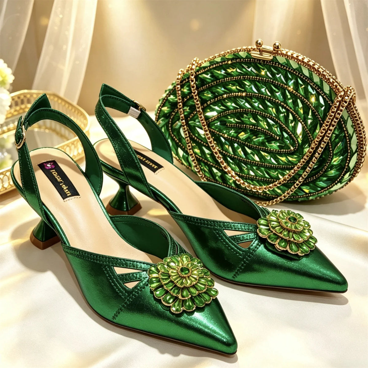 Shimmery Glitter Slingback Women High Heels Fuchsia Shoes and Matching Bag Set Rhinestone Wedding Party Banquet Events