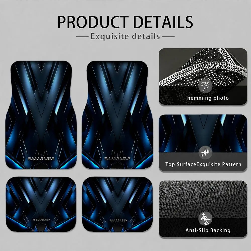 4Pcs Universal Car Floor Mat Blue Metallic Geometric Tech Print Waterproof Non-slip Auto Foot Liners Stain Resistant All Weather