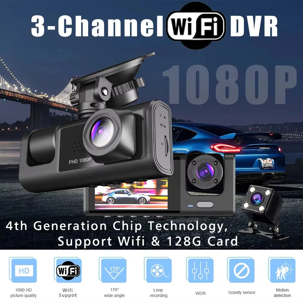 1080P 3 Channel Lens WiFi Dash Cam Car DVR Interior Vehicle Camera Mini Recorder Video Registrator Dashcam Three Way Camcord