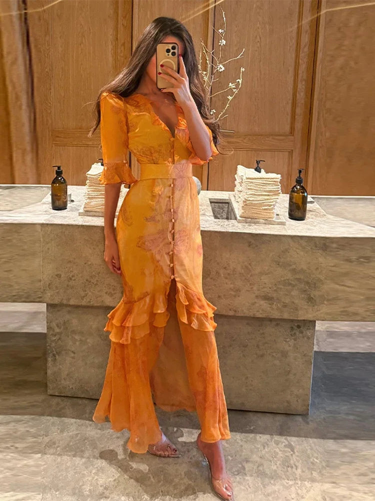 Organza Floral Printed Maxi Dress Women V Neck High Split Puff Sleeve Waist Cinching Ruffle Long Dresses Vacation Summer Outfits