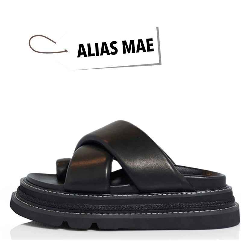 ALIAS MAE 2024 Summer Classic Leather Cross with Round Head Flat Bottom Women's Casual Comfortable Slippers