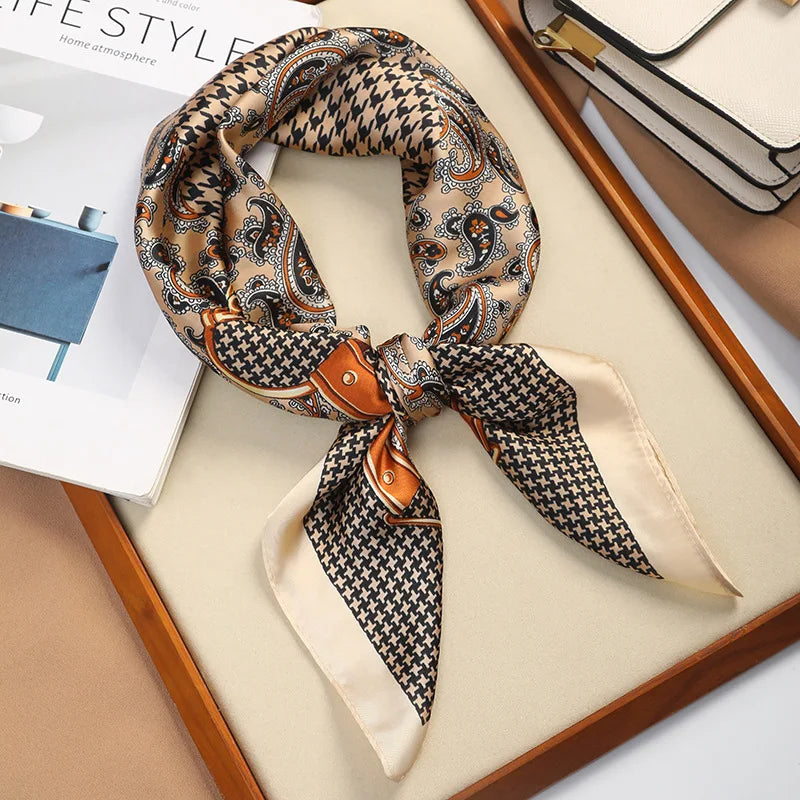 Elegant Geometric Striped Square Scarf for Women Satin Fashion Wraps Neckerchief Female Hair Bands Ribbon Headband Bandana