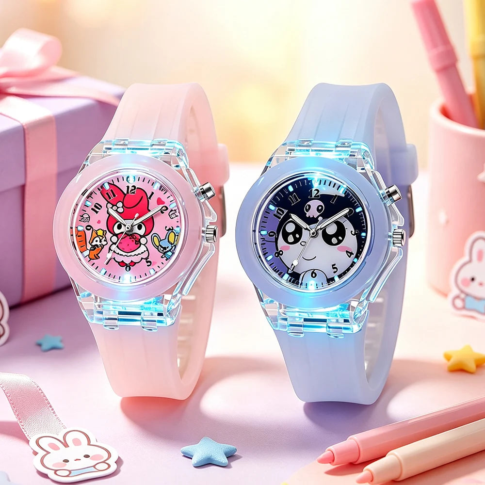 Cute Cartoon Pink Melody Style Kids Watches with Light-Up Silicone Strap Purple Black Kuromi Girls Watch Child Quartz Clock Gift
