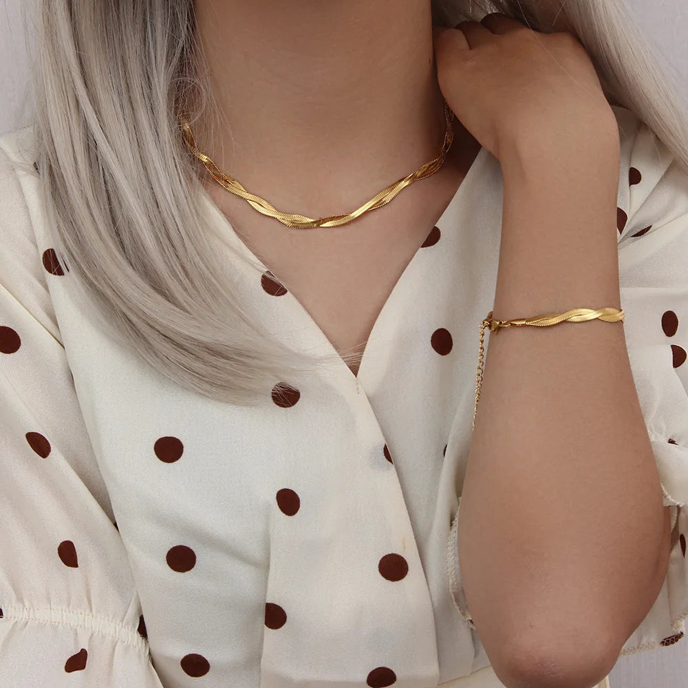 Gold Plated Waterproof Braided New Herringbone Chain Necklace Bracelets Set Wholesale Stainless Steel Jewelry For Women