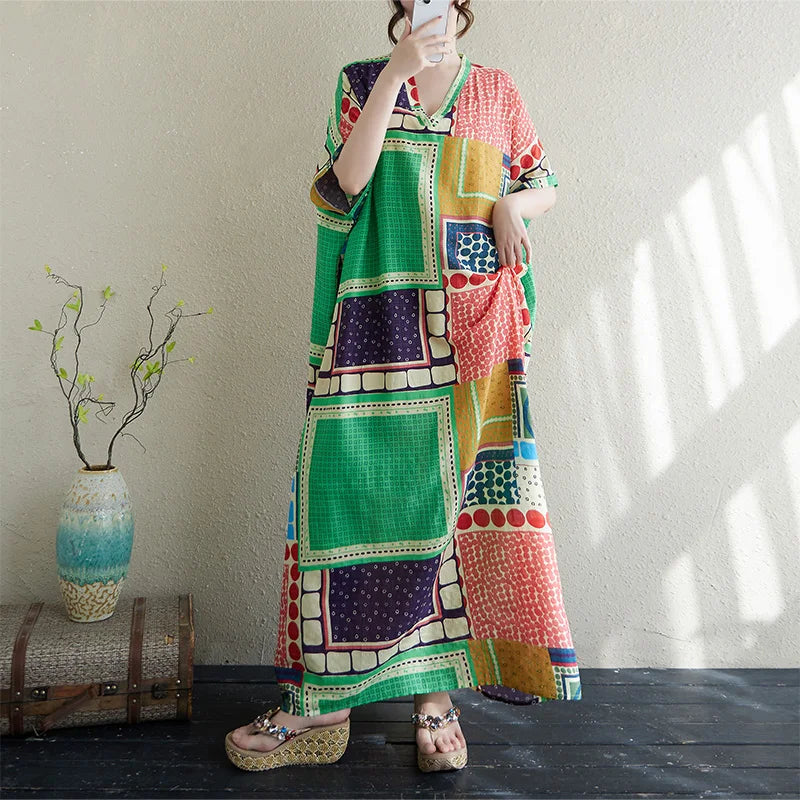 V-Neck Loose Cotton Linen Beach Skirt Summer Casual Long Dress Cover up Retro Style Holiday Fashion plus Size Women's Dress