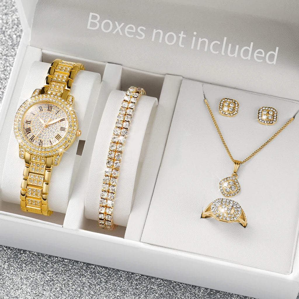 6PCS/Set Luxury Full Diamond Women Watches Fashion Ladies Quartz Wristwatch Jewelry Set Reloj Mujer（Without Box）