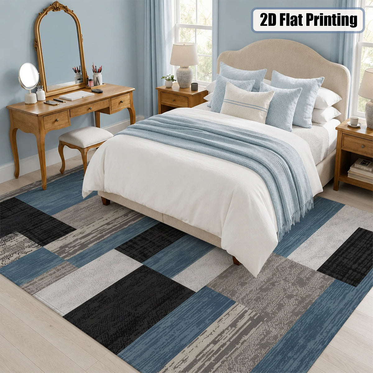Large Indoor Area Rug Soft Velvet Low Pile with Non-Slip Dotted Backing, Machine Washable Modern Geometric Blue Gray Black Rug for Living Room Bedroom