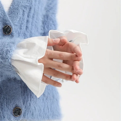 2pcs Ruffles Simple White Cuffs Trumpet Shaped Sleeve Button Casual Fake Cuff Women Clothing Accessories Wrist Wrap Cuffs