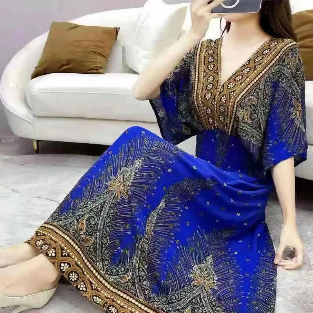 2025 Summer New Casual Elegant Retro Bohemian Style V-neck Elastic Waist Large Swing Printed Long Skirt Autumn Summer Dress