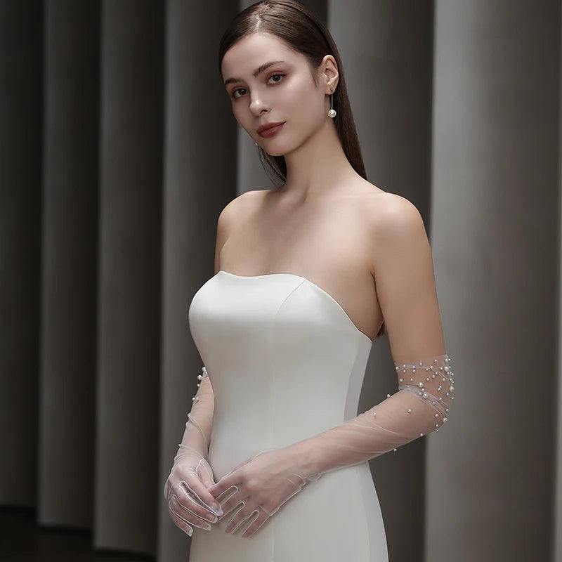 WG138 Bridal Gloves Heavy Handmade Beading Elegant Long Elegant Slim Wedding Dinner Party Tulle Gloves Wedding Accessories