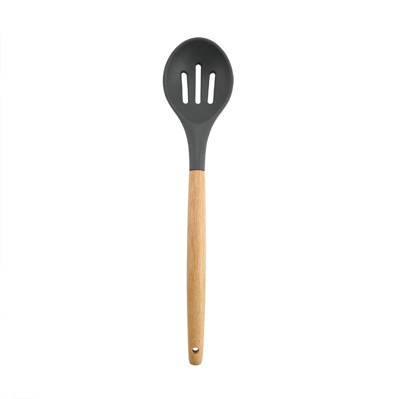 High Temperature Resistant Silicone Kitchenware Set Wooden Handle Shovel Leaky Spoon Tool Cooking Utensil Baking Accessories
