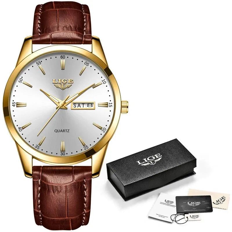 LIGE Fashion Watches Men Top Brand Luxury Quartz Watch Men Leather Strap Waterproof Business Casual Men Wristwatches Clock