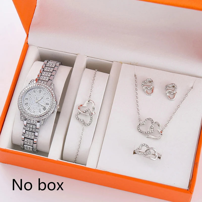 6Pcs Women's Rhinestone Quartz Watch Set Fashion Wrist Watch & Jewelry Set Gift