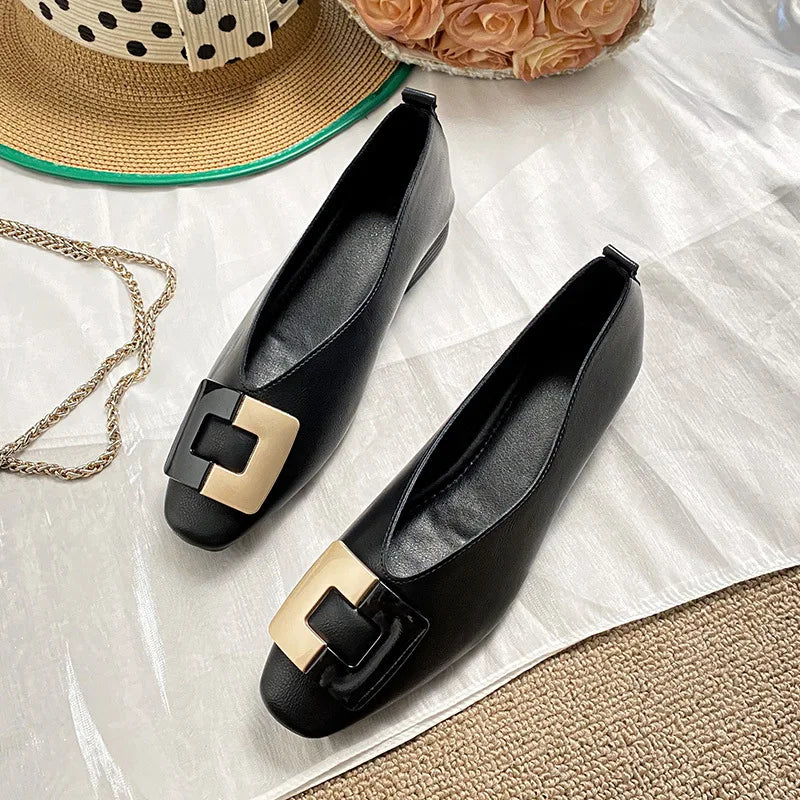 Woman Square Toe Low Heeled Metal Decoration Red Mary Janes Cute Casual Ballerina Female Flats Elegant Soft Soled Flat Shoes