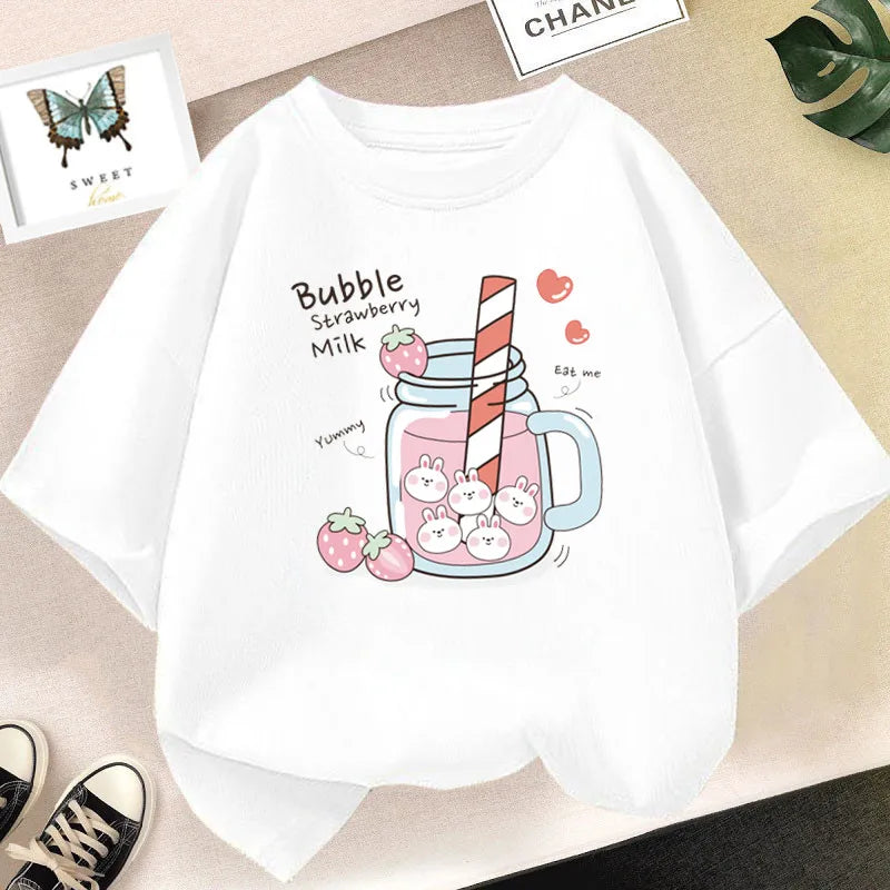 Strawberry Juice Graphic Print T-shirt Girls Aesthetic Pink Tops Tee 2023 Summer New Fashion Kids T Shirt