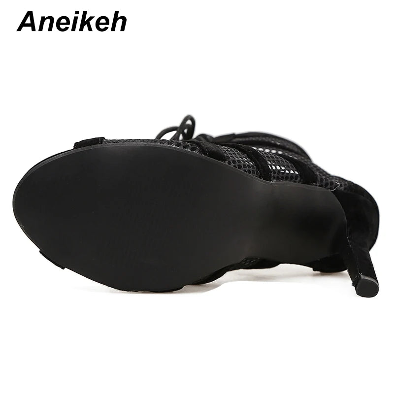 Aneikeh 7CM Middle Heel Dance Hollow Out Ankle Strap Sandal Boots 2025 Fashion Summer Lace Up Cross-tied Peep Toe Lady Shoes