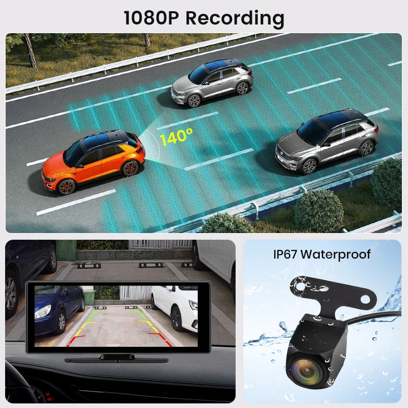 Junsun 10.26 Inch 4K Dash Cam Wireless Apple CarPlay Android Auto GPS Navigation Dual Lens DVR WiFi Rear View Camera Touch Screen Video Recorder Loop Recording G Sensor Multimedia Display