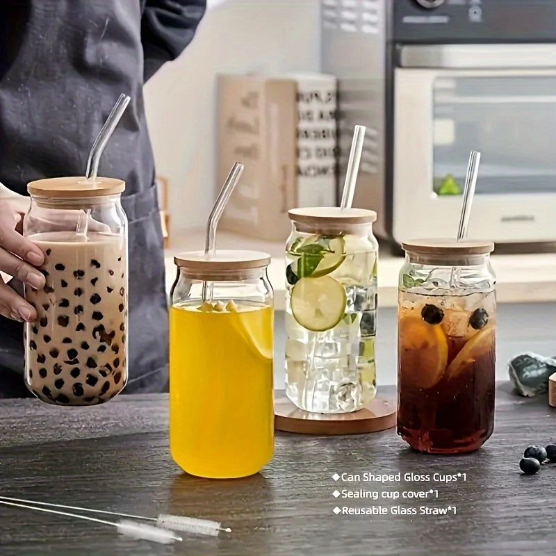 1/2/4/6pcs Can-Shaped Glass Cup with Lid & Straw 350ml/550ml Transparent Bubble Tea, Juice & Beer Mug for Cold Beverages Party