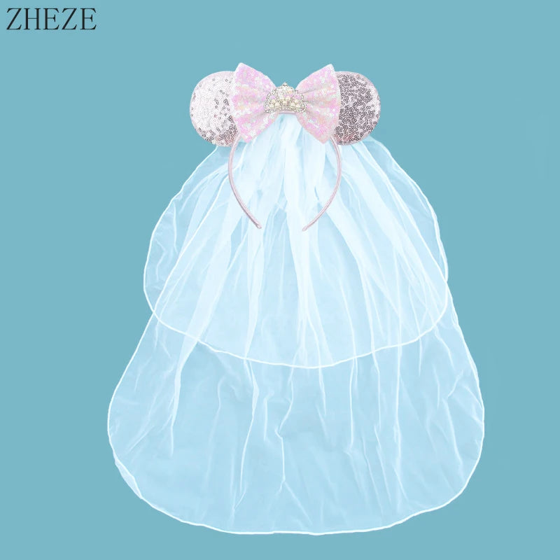 White Day Mouse Ears Headband With Veil Sequins 5"Bow Headwear For Women Festival Hairband Single Party DIY Hair Accessories