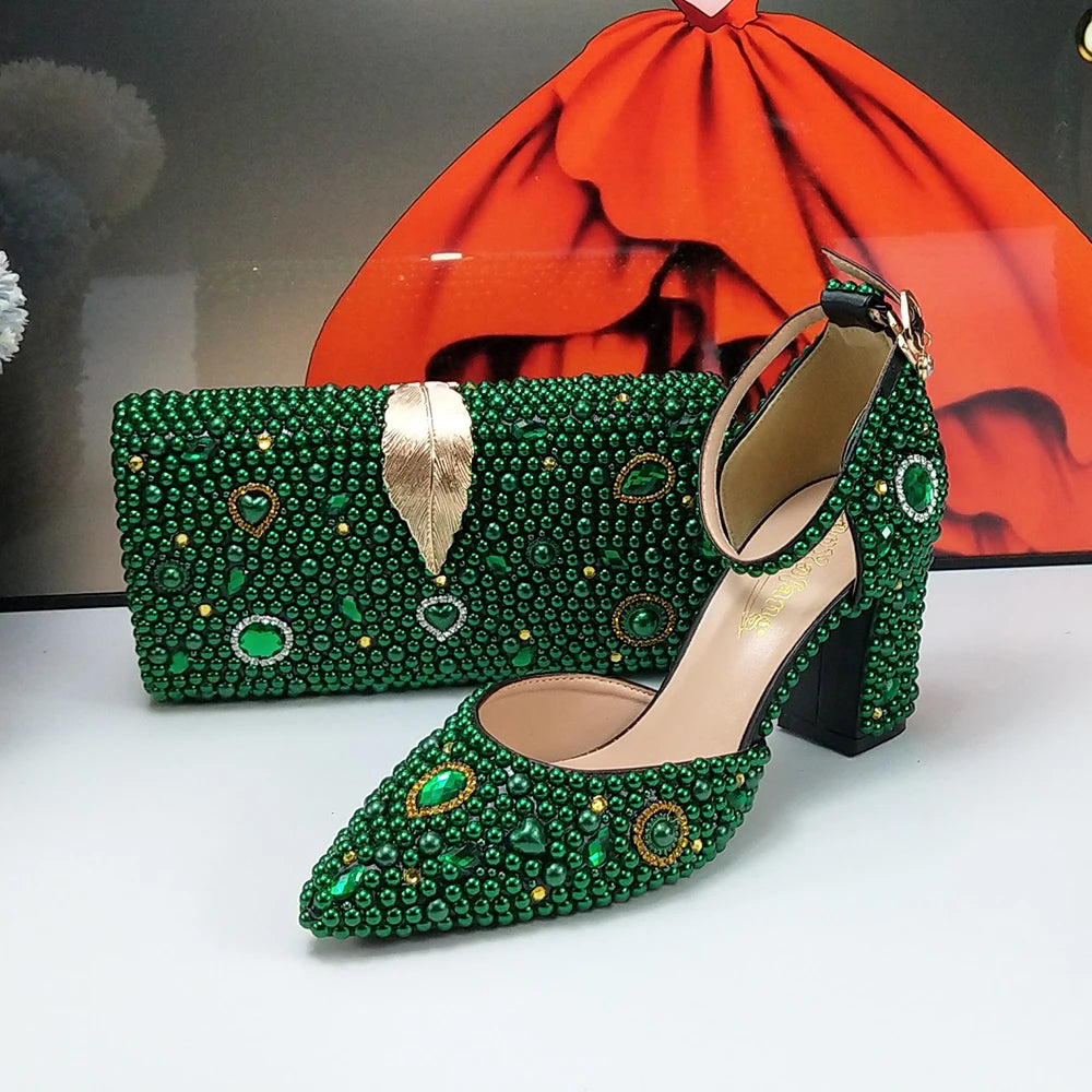 Fashion New Arrival Green Pearl Bridal Shoes and Bag Set Woman Party Dress Shoes Big Size Ankle Strap Buckle Shoes High Pumps