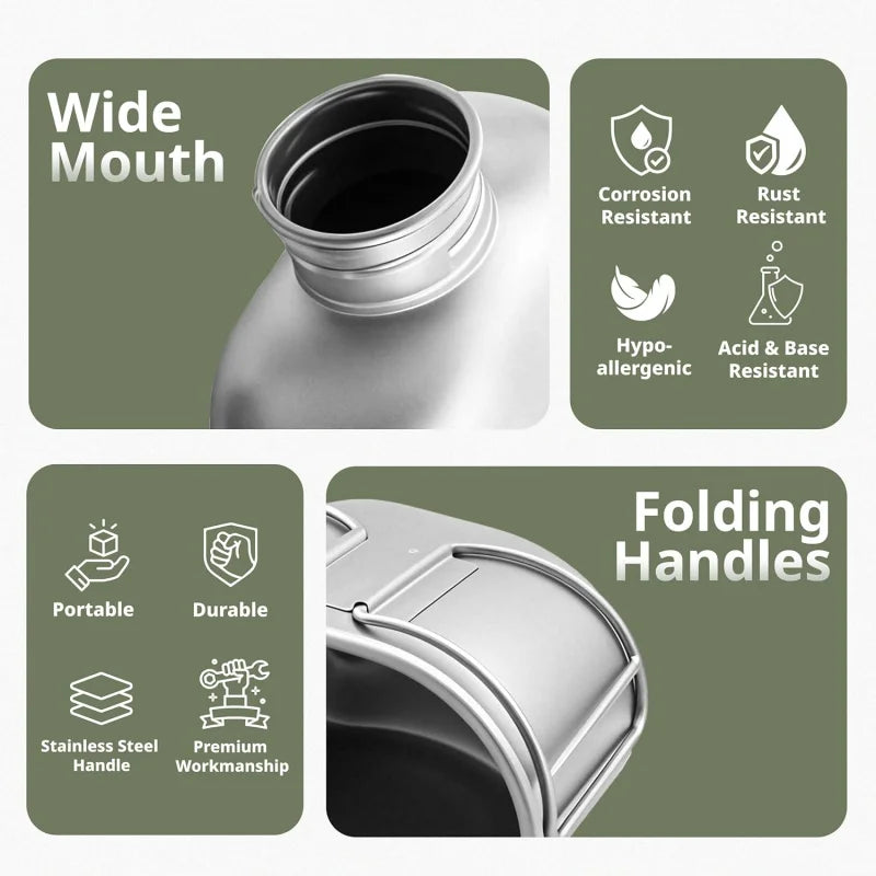 Professional Military Titanium Water Bottle 1100ml with Pot 700ml - Keith Pure Ti Canteen Kit for Outdoor Camping Hunting Emerge