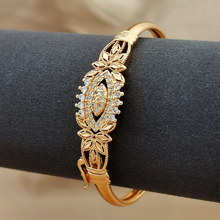 1Pcs Women's Gold Plated Flower Zircon Bangle, Hollow Filigree Design, Elegant Statement Bracelet for Daily Wear