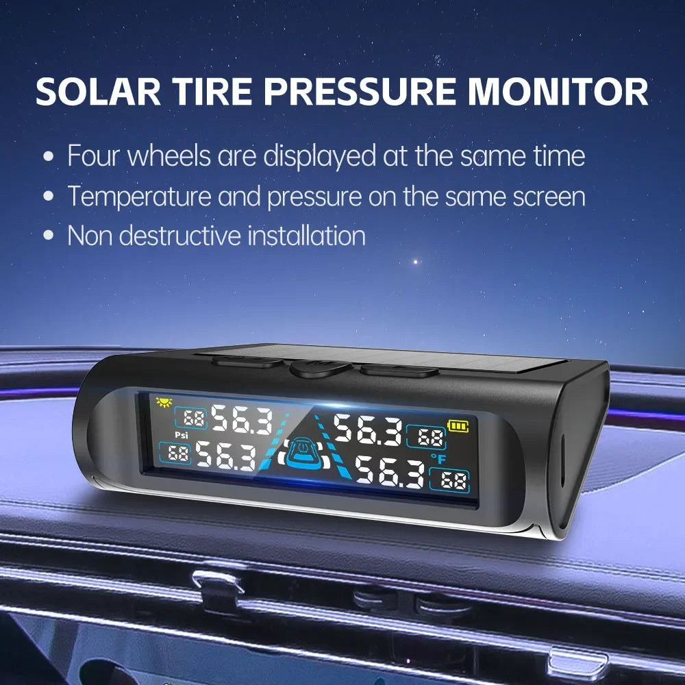 USB/Solar TPMS Temperature Monitor with 4 External Sensors Digital LCD Display 0-6.8Bar T21 Tire Pressure Gauge Car Tyre Monitor