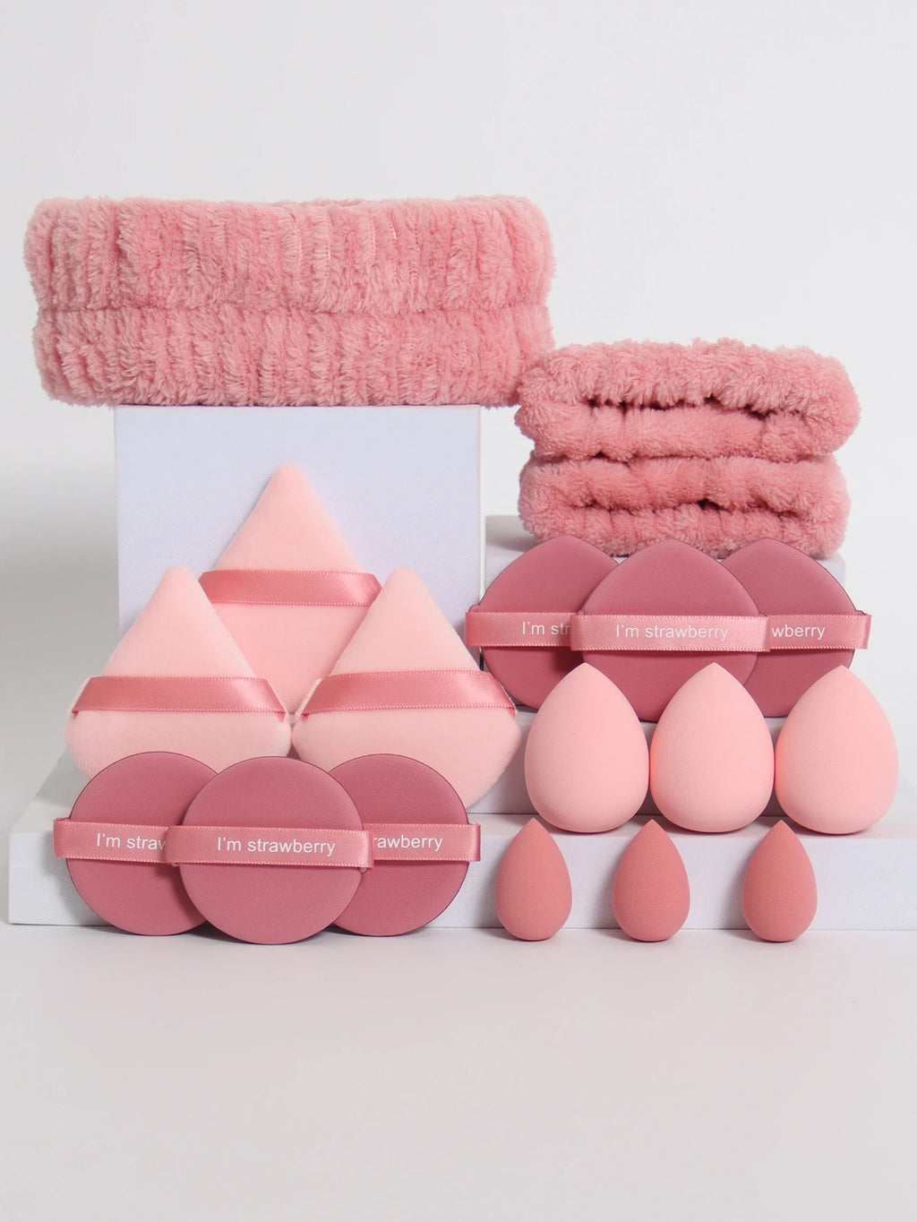 18 Piece Headband Set. 1 Hair Band & 2 Wrist Bands & 3 Make-Up Sponges & 3 Mini Square Air Cushions & 3 Triangular Powder Puff &