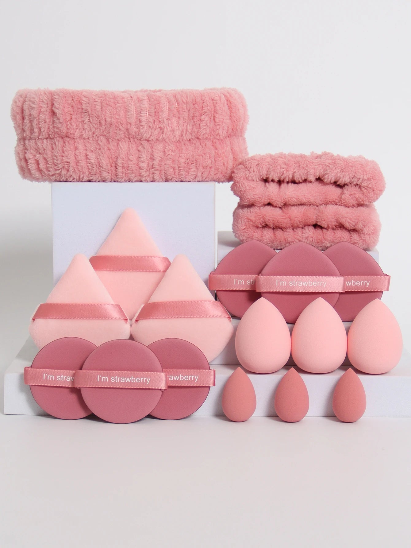18 Piece Headband Set. 1 Hair Band & 2 Wrist Bands & 3 Make-Up Sponges & 3 Mini Square Air Cushions & 3 Triangular Powder Puff &