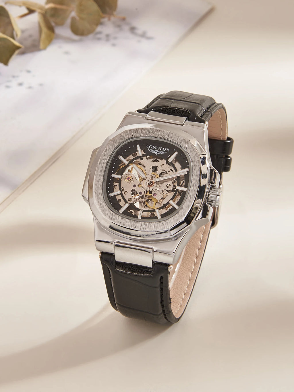 LONGLUX Automatic Mechanical Watch Outdoors Simple Luxury Watches Waterproof Cheap Wholesale Skeleton Leather Mens Watch Gift