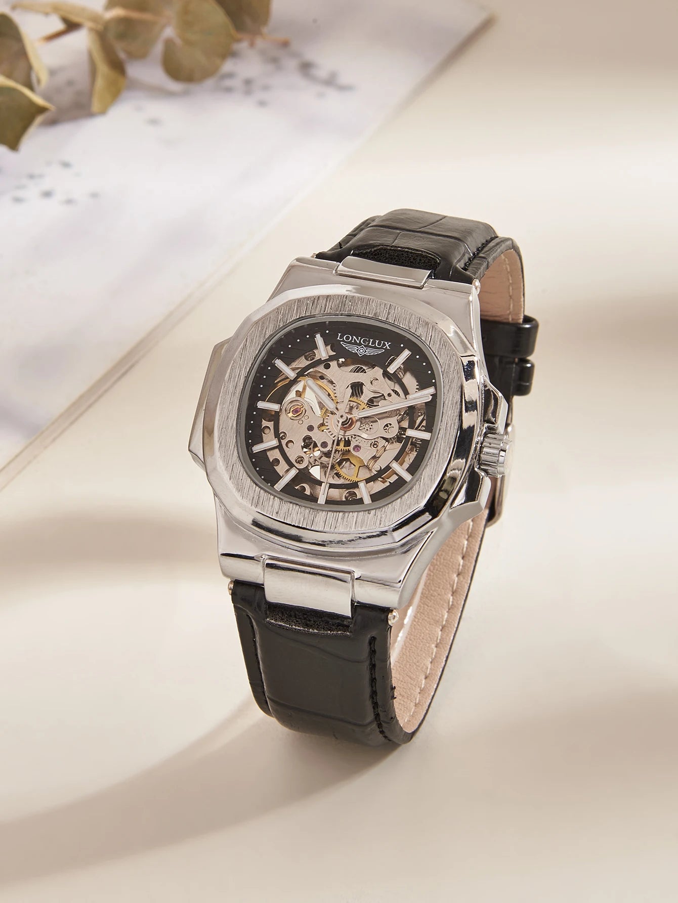 LONGLUX Automatic Mechanical Watch Outdoors Simple Luxury Watches Waterproof Cheap Wholesale Skeleton Leather Mens Watch Gift