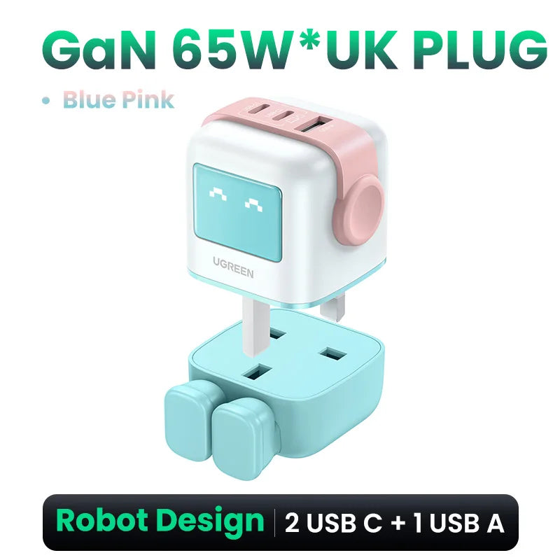UGREEN 65W GaN Charger Uno Robot Design Quick Charge 4.0 3.0 PPS PD Fast Charger for iPhone 18 17 16 Pro Macbook  Laptop Tablet
