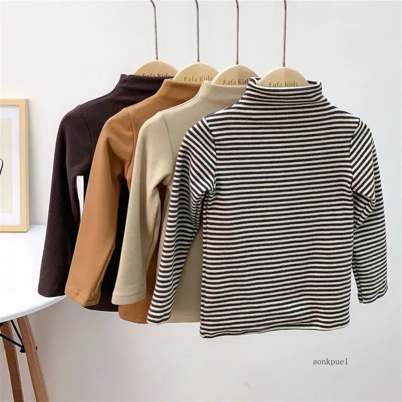 Autumn Winter Baby Boy Girl Solid Long Sleeve Bottoming Shirt Children Turtleneck Casual Tshirt Kid Striped Top Clothes