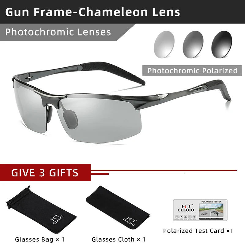 CLLOIO Aluminum Photochromic Sunglasses Men Polarized Day Night Driving Chameleon Glasses Anti-Glare Change Color Sun Glasses UV