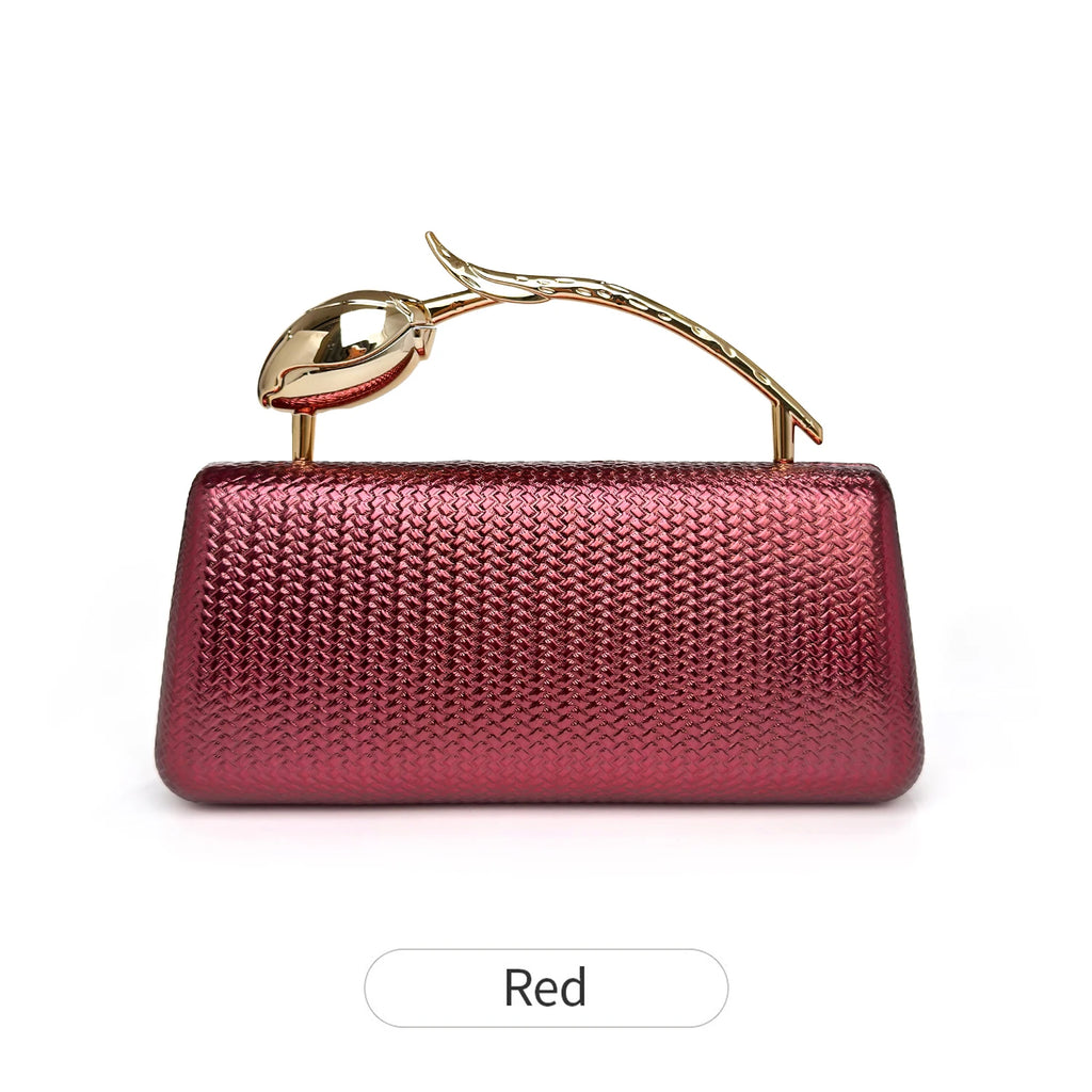 New Classic Gold Women's Evening Bag Luxury Party Chain Crossbody Bag with Rose Shaped Handle Wedding Clutch a Great Gift for Wo