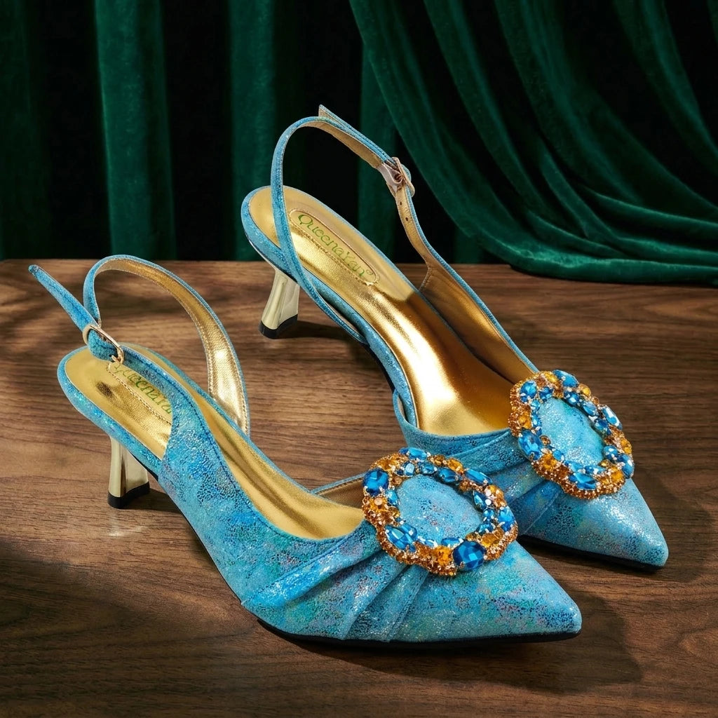 Shimmery Glitter Slingback Women High Heels Sky Blue Shoes and Matching Bag Set Rhinestone Wedding Party Banquet Events