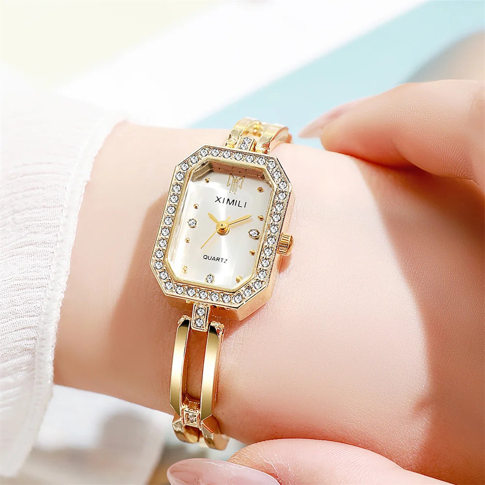 Ladies Fashion And Simple Diamond-Encrusted British Watch Casual Stainless Steel  Gold Bracelet Women's Dress Gift Wristwatch
