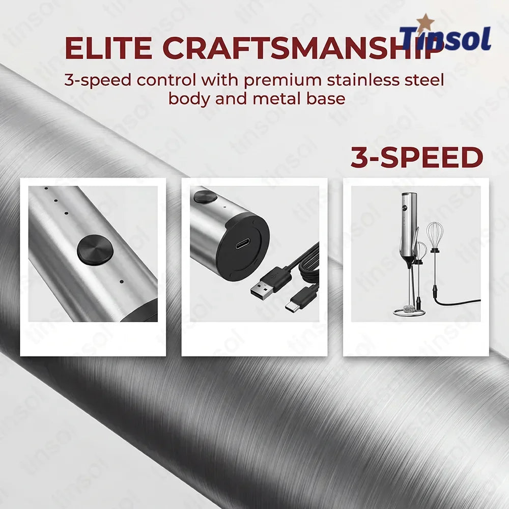 TINSOL Stainless steel electric milk frother, wireless milk frother, equipped with two types of whisks, Type-C rechargeable