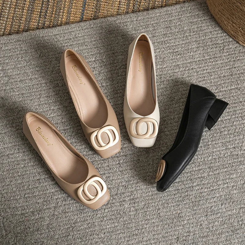 Woman Elegant Square Toe Beige Shoes Lolita Barefoot 4CM High Heel Female Metal Fitting Mary Janes Cute Designer Loafers Shoes
