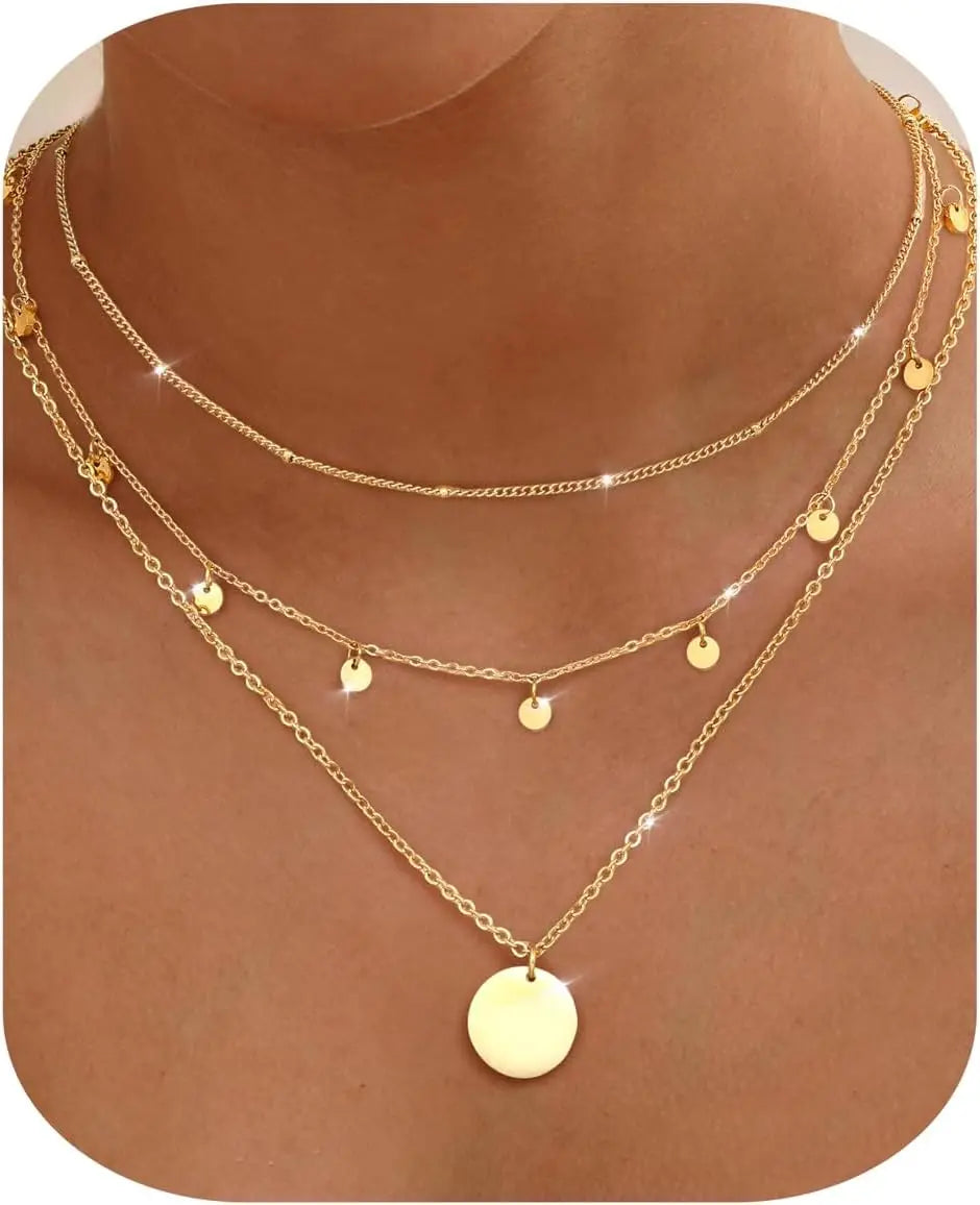 Bobisty 3Pcs Necklace for Women Stainless Steel Waterproof Chain Adjustable Layered Necklace Set Coin Heart Choker Jewelry Gift