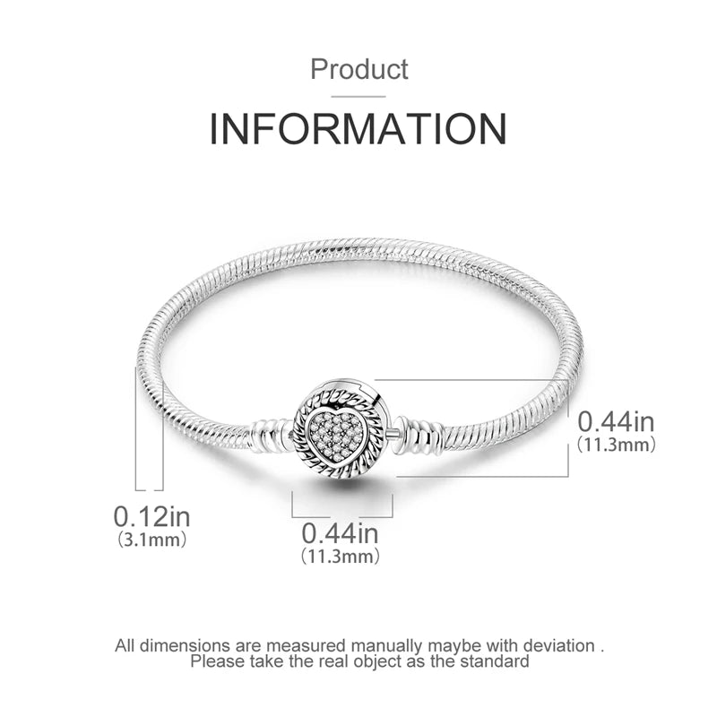 S925 Silver Plated Snake Bone Pattern and Inlaid Heart-Shaped Bracelet For Women Fit DIY Charms Beads Fine DIY Birthday Jewelry
